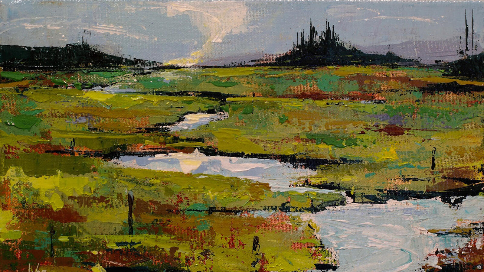 Abstract contemporary painting in blue and green tones by Dominique Normand