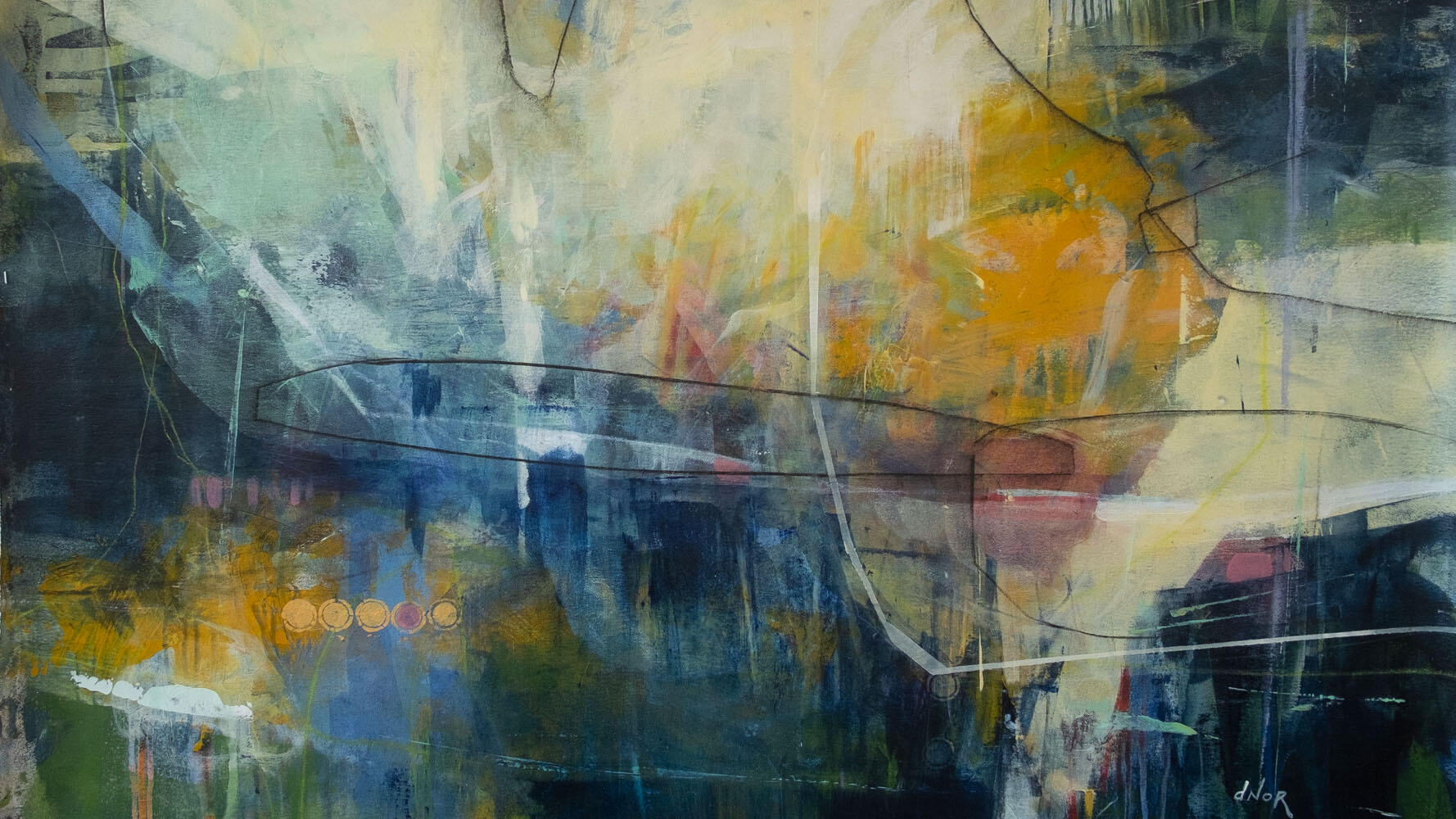 Abstract contemporary painting in blue tones by Dominique Normand